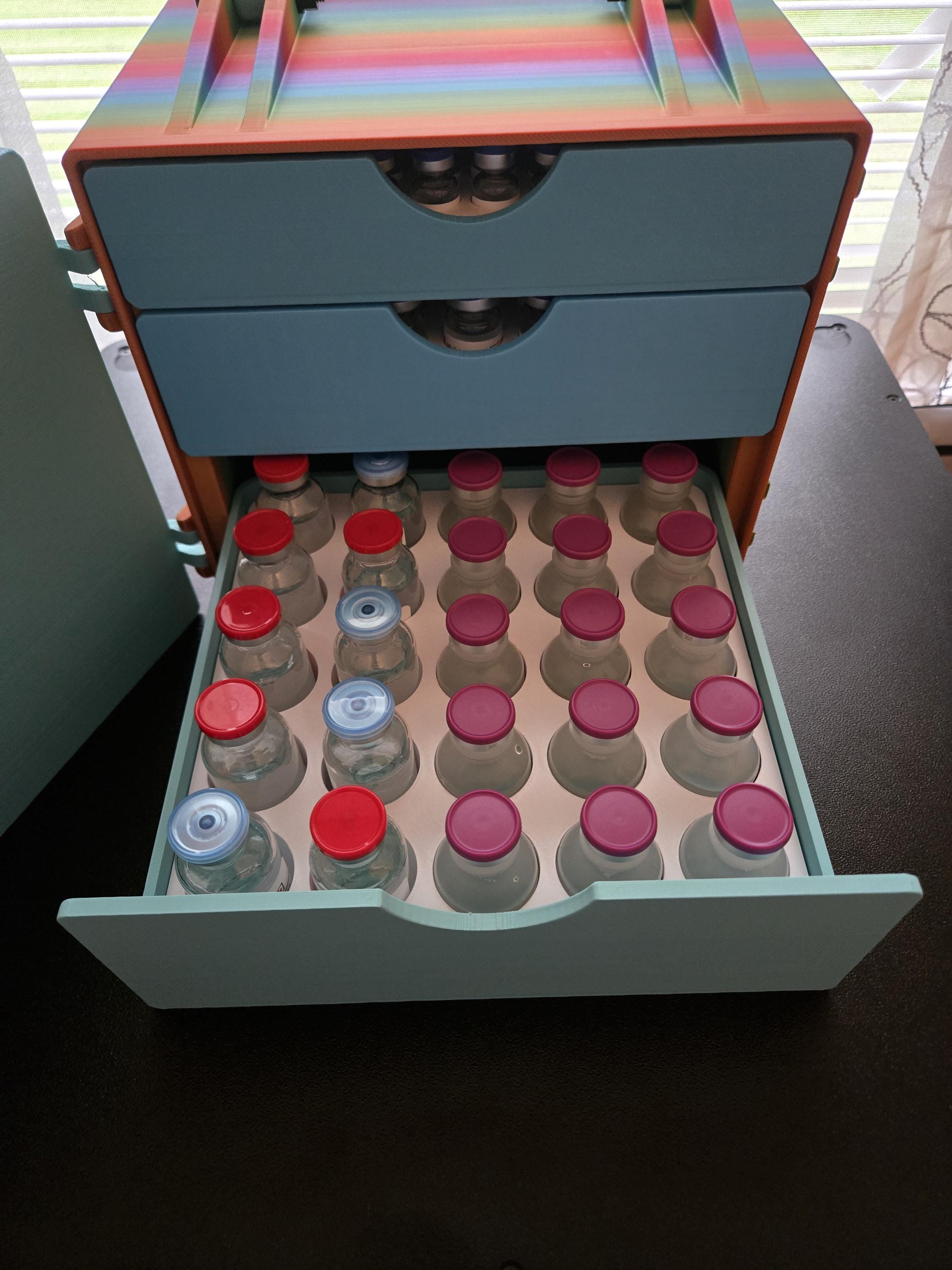 Peptide Storage Box with 3 Drawers and Lockable Door | 100 3ml, 49 5/10ml & 25 BAC Water | Removable Inserts | Vial Organizer with Handle
