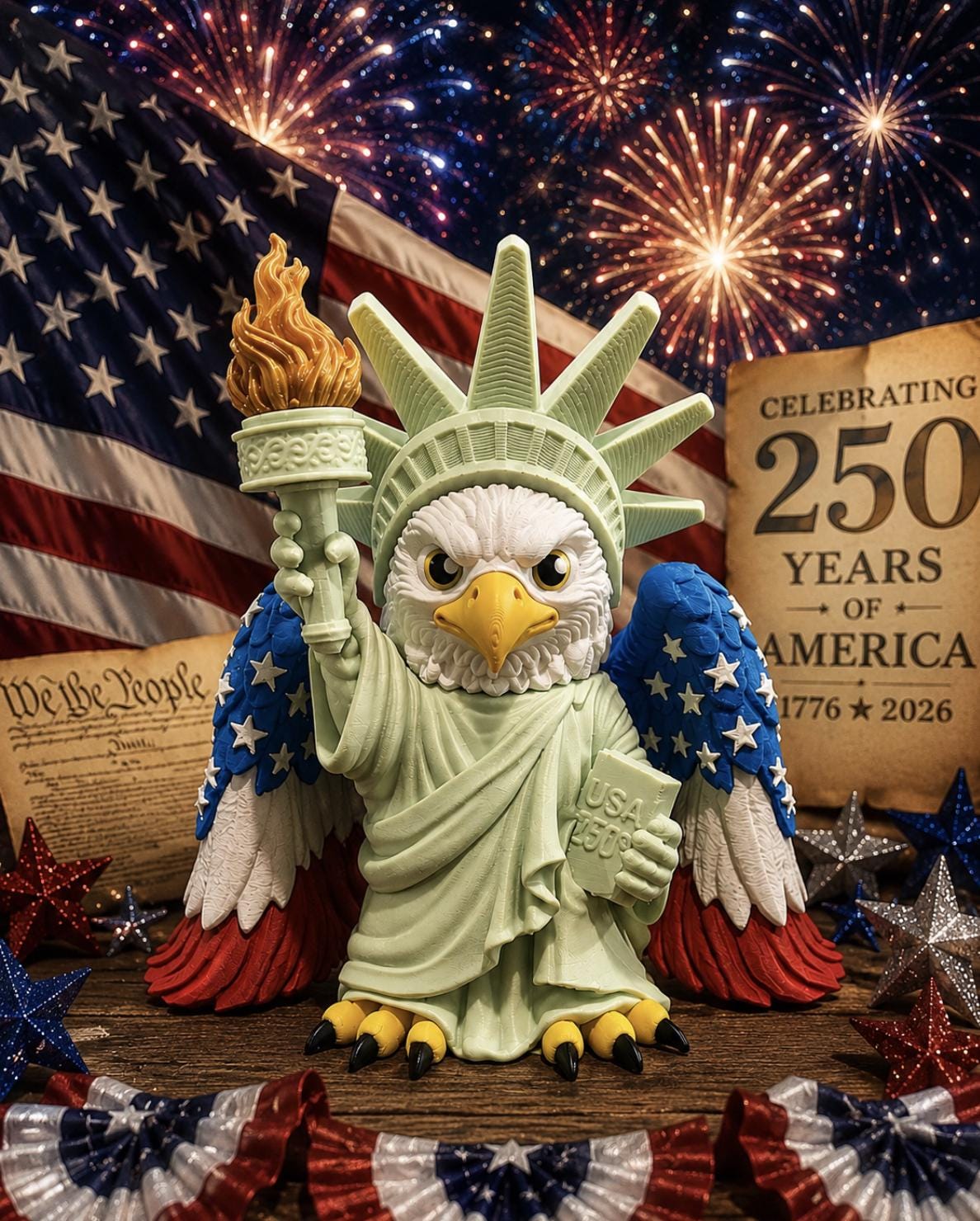 Liberty Eagle Figurine 250 Years of America | 3D Printed Bald Eagle Statue of Liberty Desk Toy | 17762026 Patriotic Decor| 4th of July
